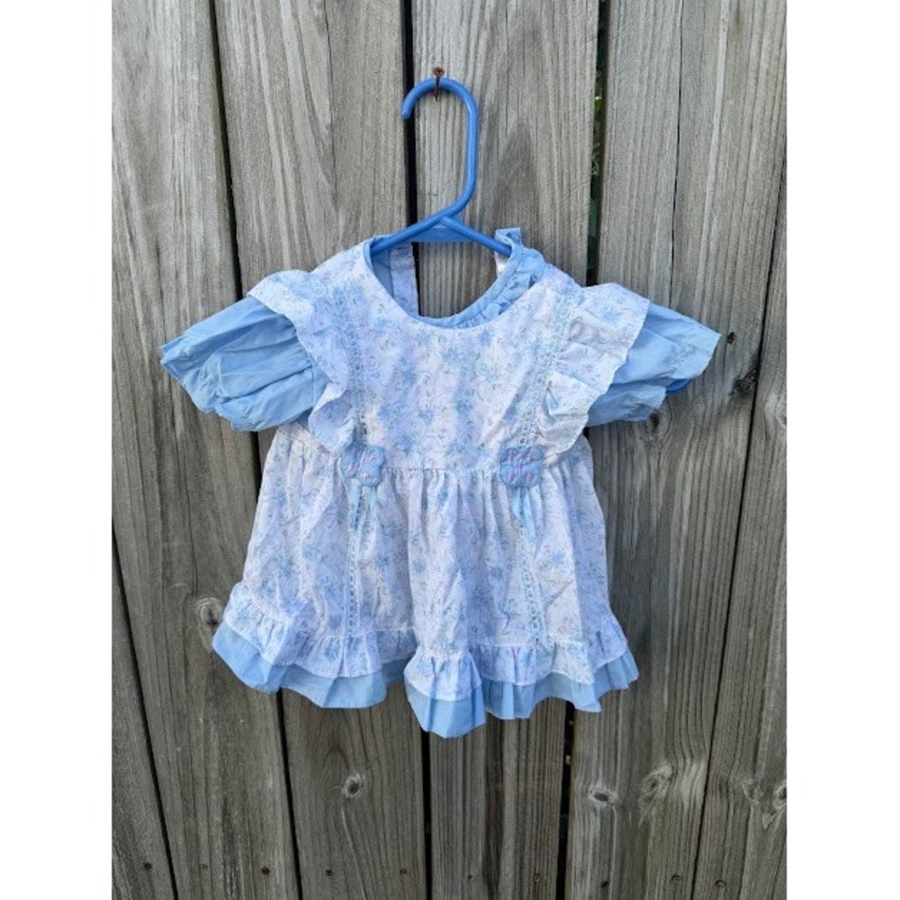 Vintage Cottagecore Mayfair Floral Ruffle Baby Dress 18M Blue Butterfly Retro